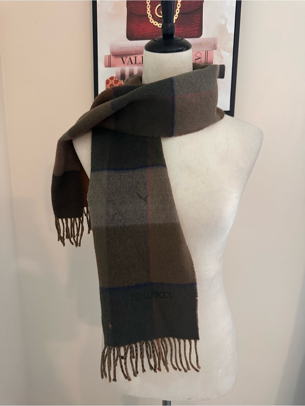 Nina Riccie Brown Plaid 100% Wool Scarf Mens/Womens